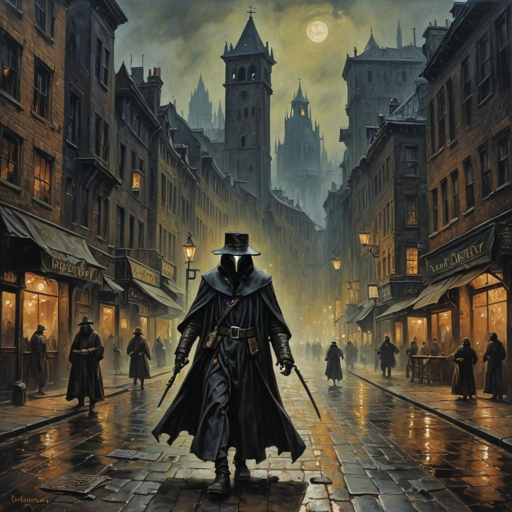 Plague Doctor in Dark City: Oil Painting