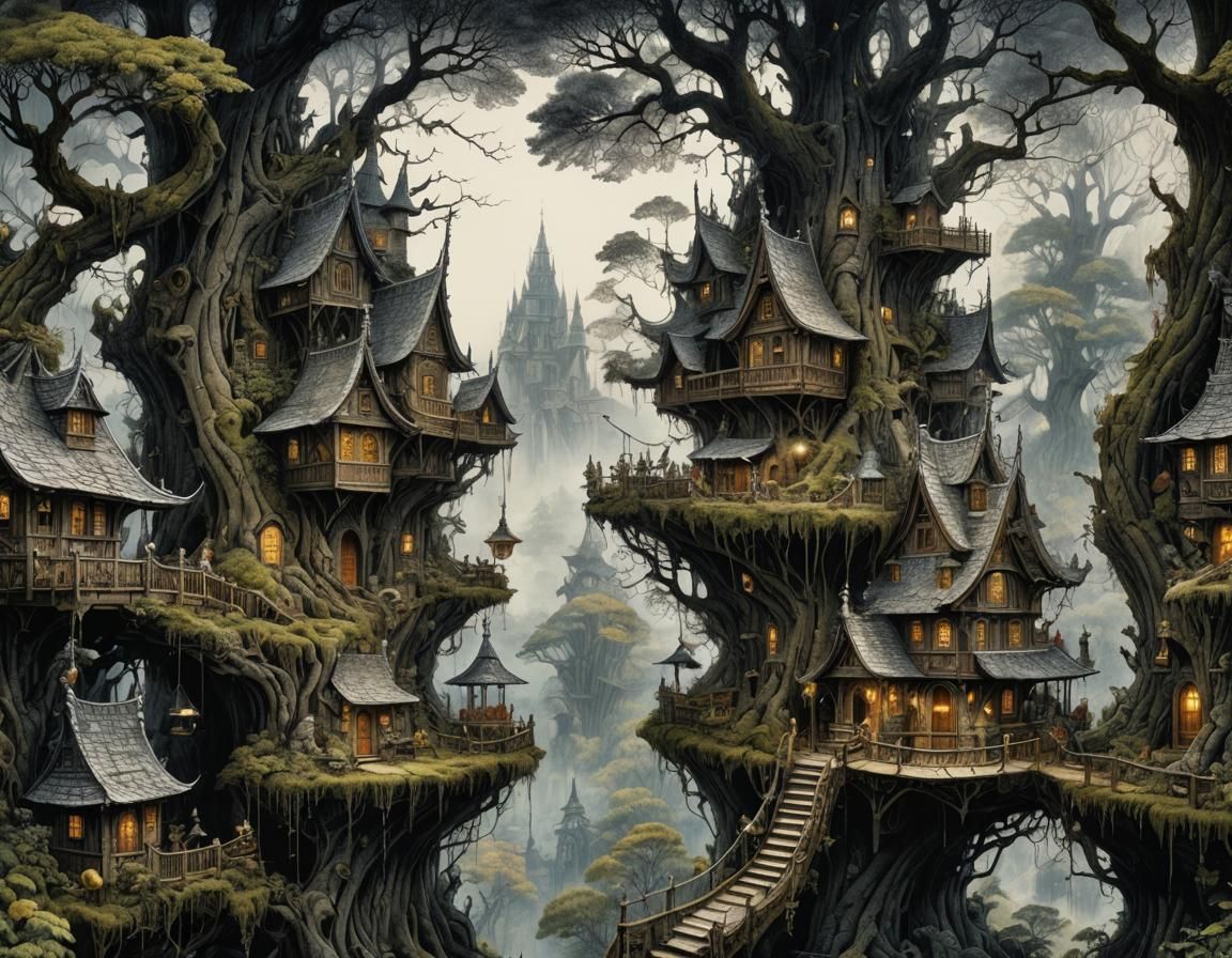 Intricate Fairy Houses in Eerie Woods