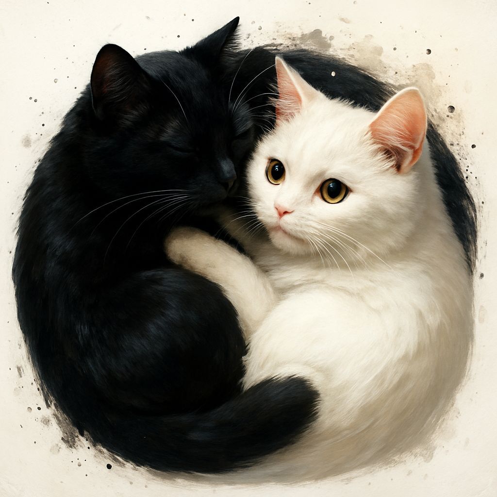 Yin Yang Cats Cuddling in Hyperrealistic Splash Art