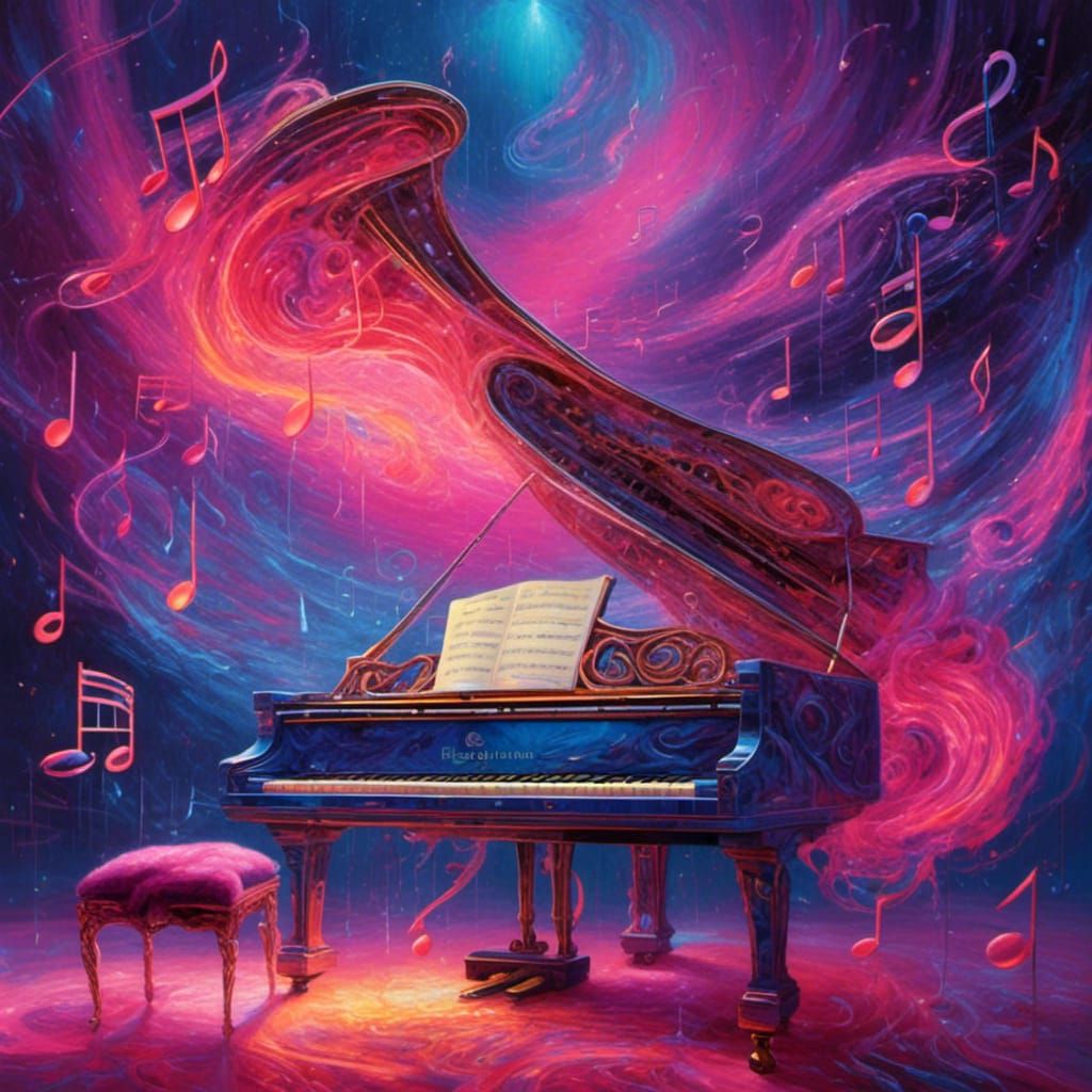 Fluorescent Pink Piano in Space with Flaming Notes