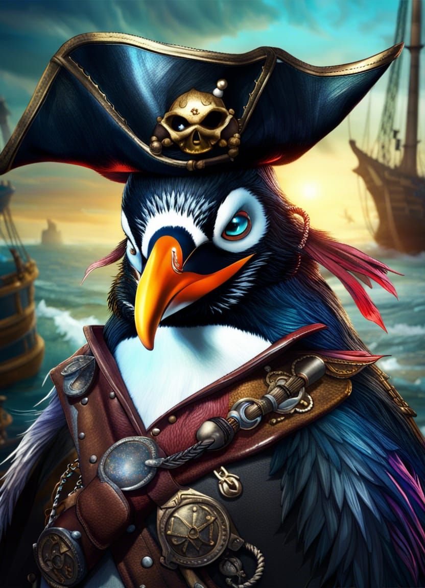 Penguin Pirate Concept Art in Detailed Matte Painting Style