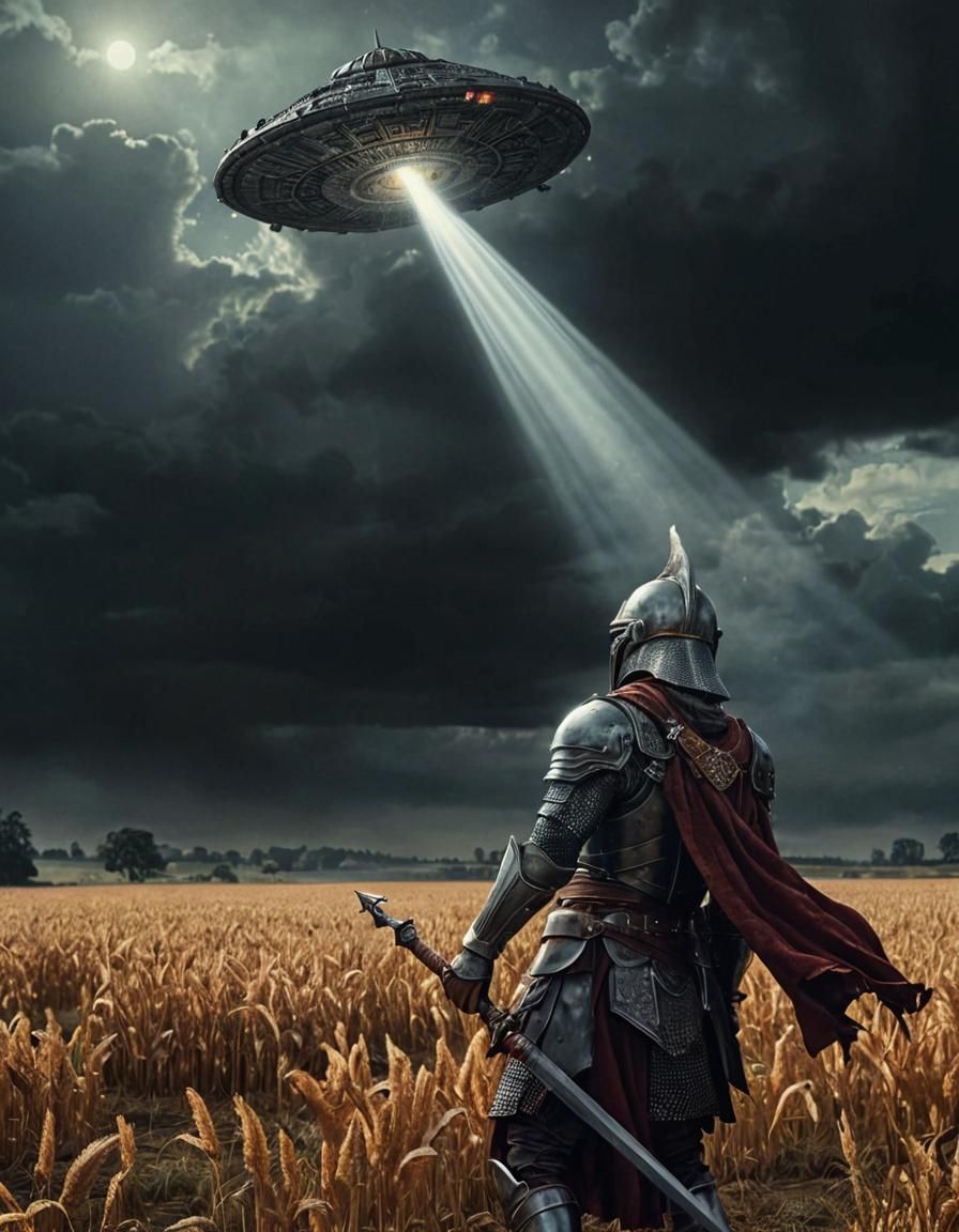 UFO Encounters Medieval Knight in Burning Field
