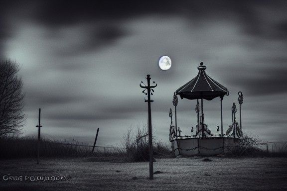 Dilapidated Carousel Under Ominous Moonscape