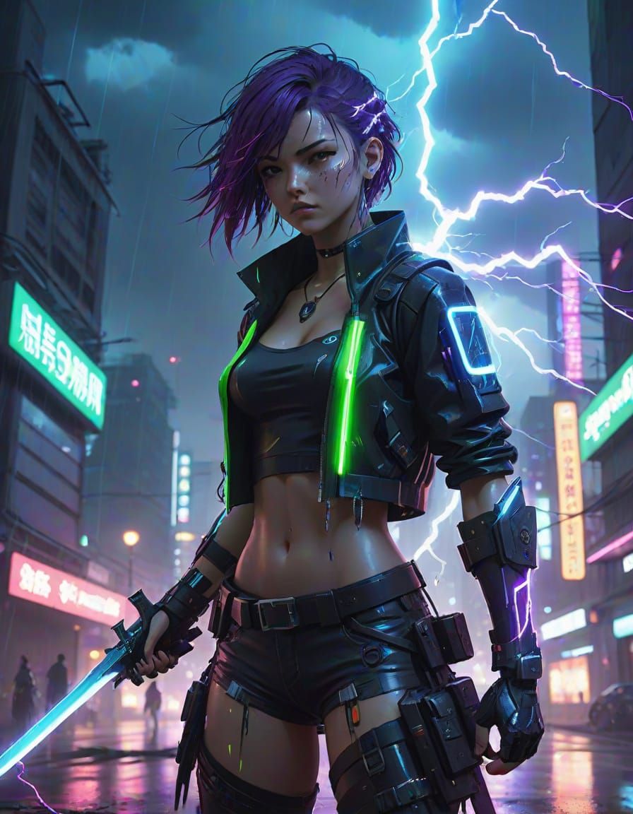 Cyberpunk Long Sword of Electricity in Thunderstorm