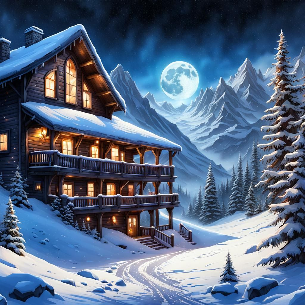 Gothic Ski Lodge Under Glistening Stars in Watercolor