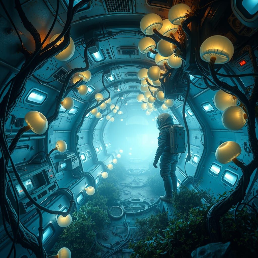 Bioluminescent Fungus Blooms in Derelict Spaceship