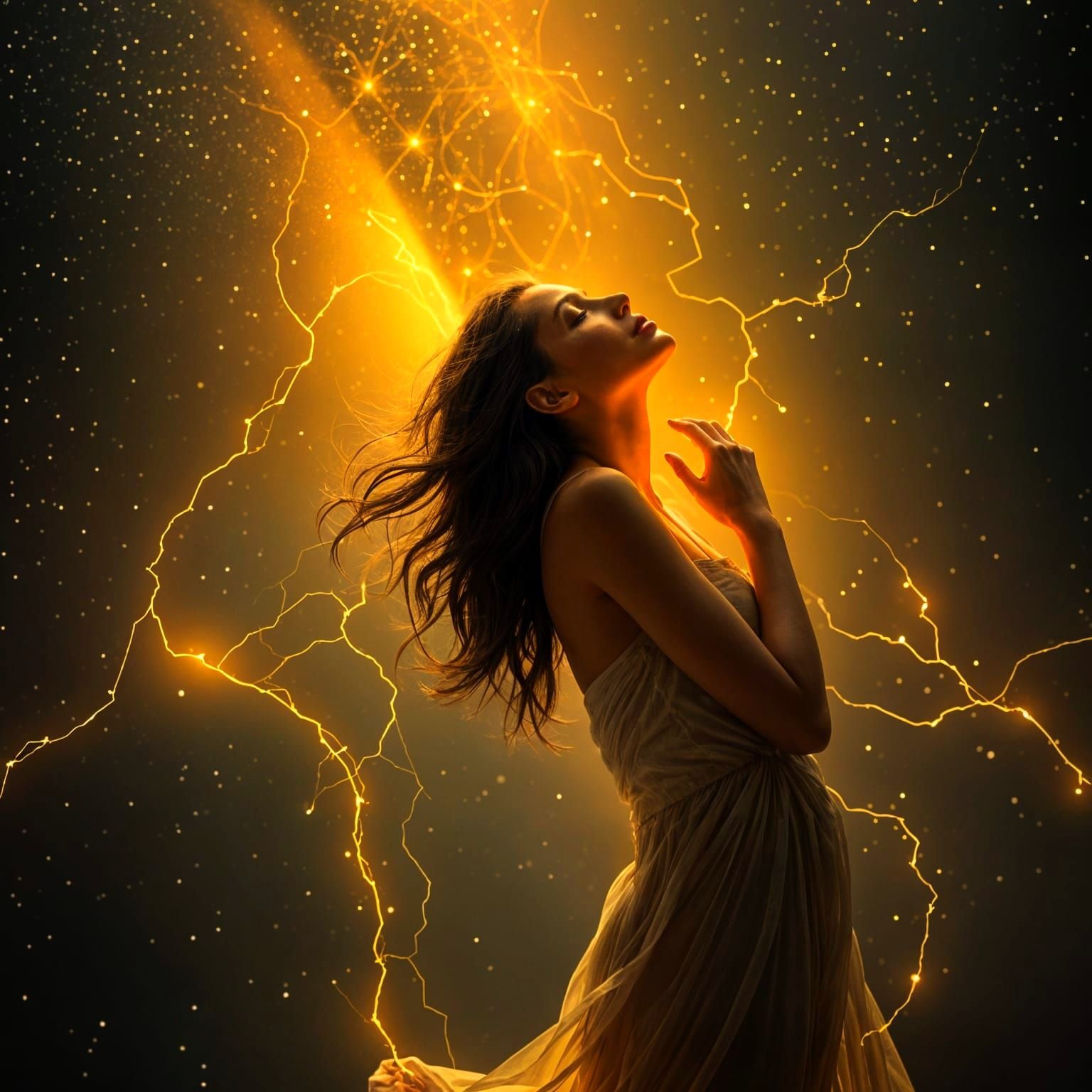 Ethereal Goddess Bathed in Golden Cosmic Light