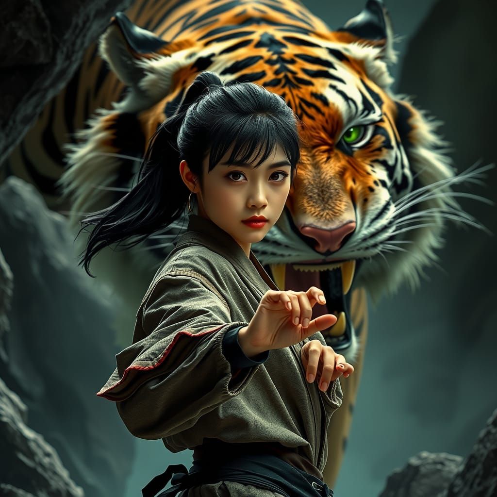 Dynamic Martial Arts Girl with Tiger in Cave