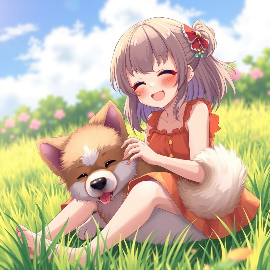 Hikari Laughs with Joyful Fluffy Dog in Anime-Inspired Scene