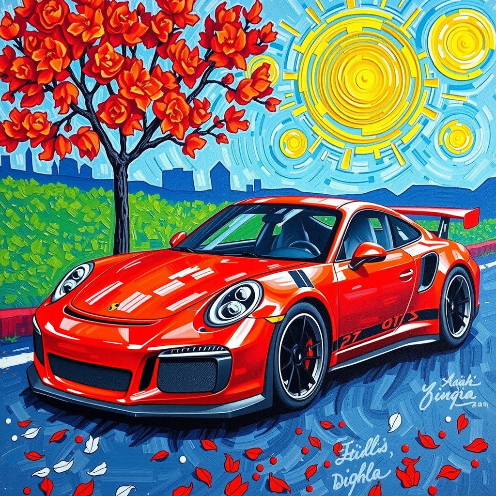Red Porsche 911 GT3 RS in Van Gogh Style