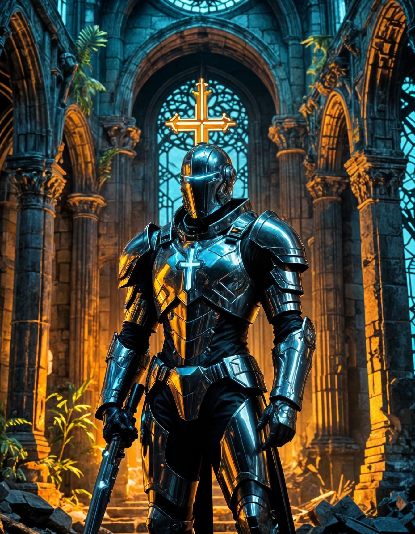 Cyber Knight Standing Tall in Ancient Cathedral Ruins