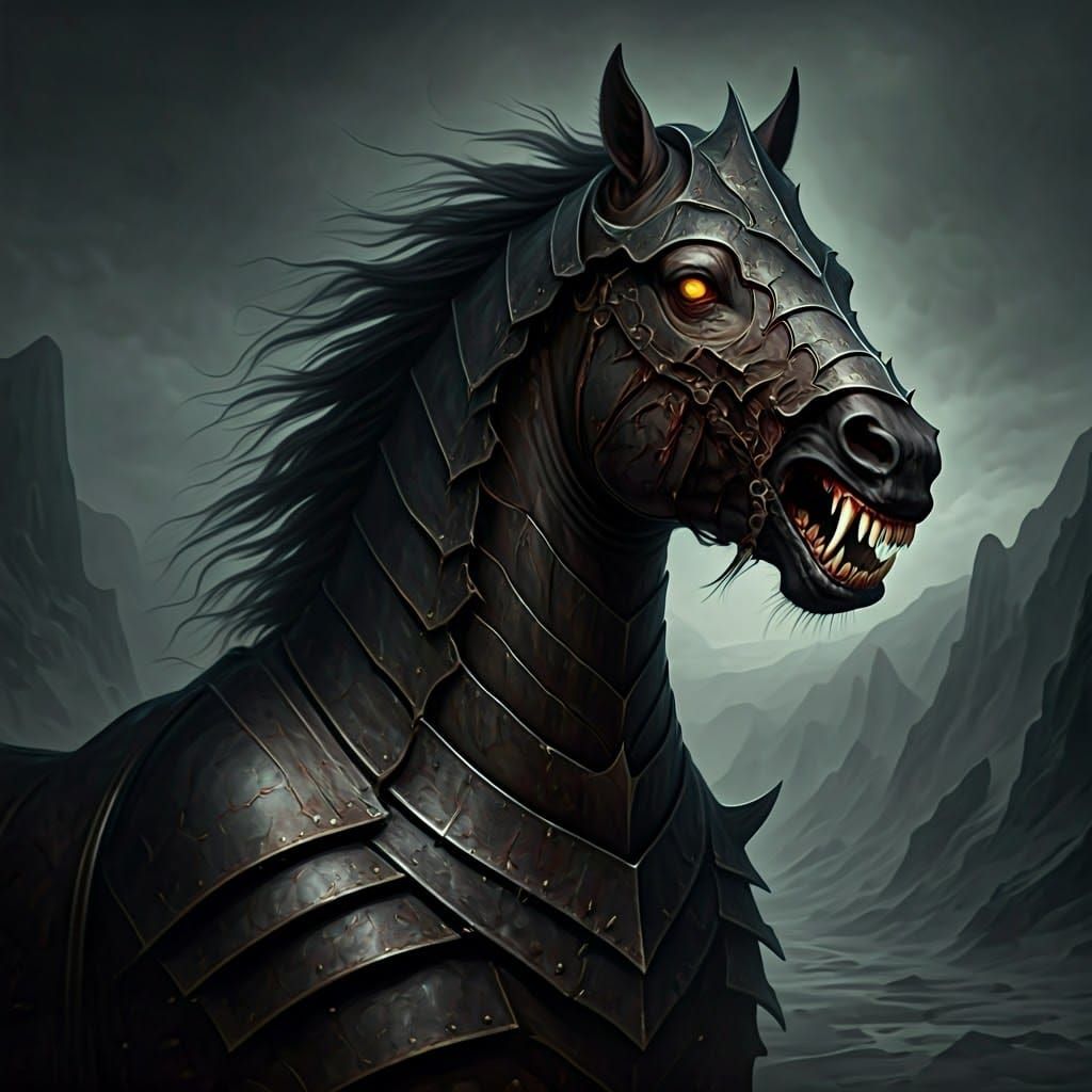 Dark Armored Horse in Fantasy Landscape