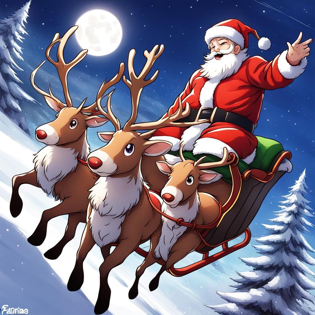 Santa Claus Sleigh Ride in Anime Style