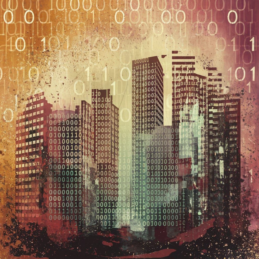 Matrix Style, An abstract and textured binary downtown landscape made only of binary code, 0 + 1, mixed media binary col...