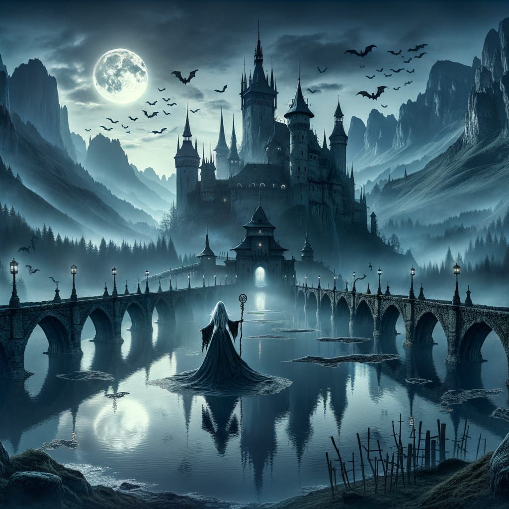 Moonlit Romanian Valley with Baba Iaga and Gothic Citadel