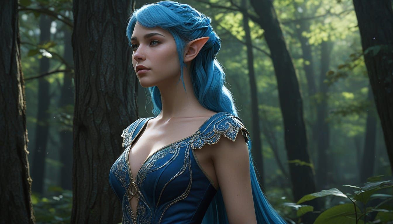 Blue-Haired Elf in Moonlit Forest, Art Nouveau