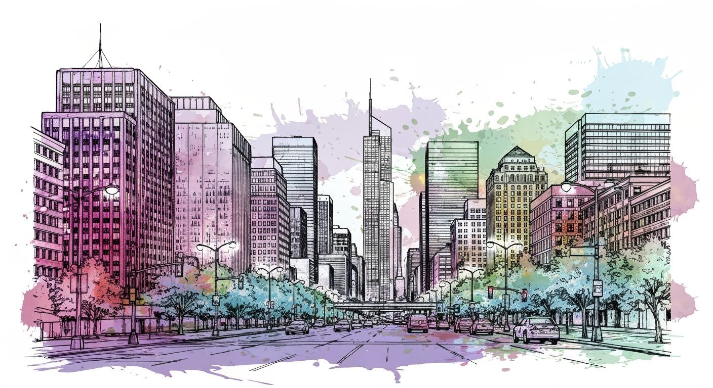 Watercolor Cityscape at Dusk in Pink and Purple