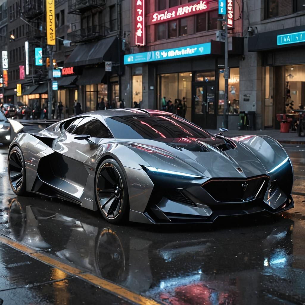Futuristic Batmobile Concept Art in Neon City
