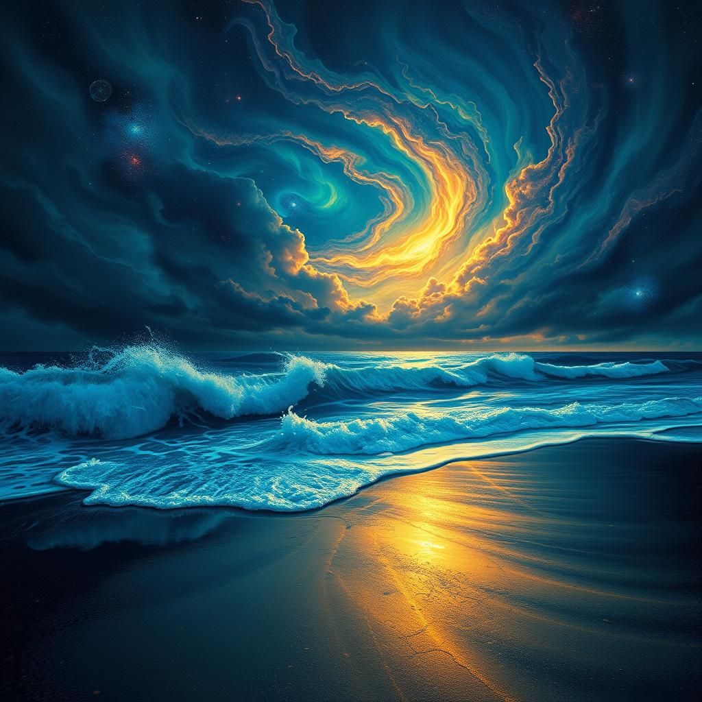 Cosmic Storm on Astral Beach in Mixed Media Style