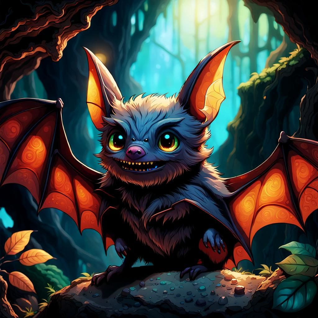 Cute Giant Bat in Bioluminescent Cave: Hyperrealistic Art