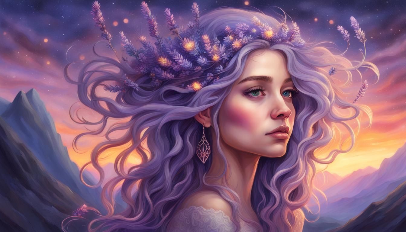 Fantasy Lavender Girl Portrait with Fairy Lights