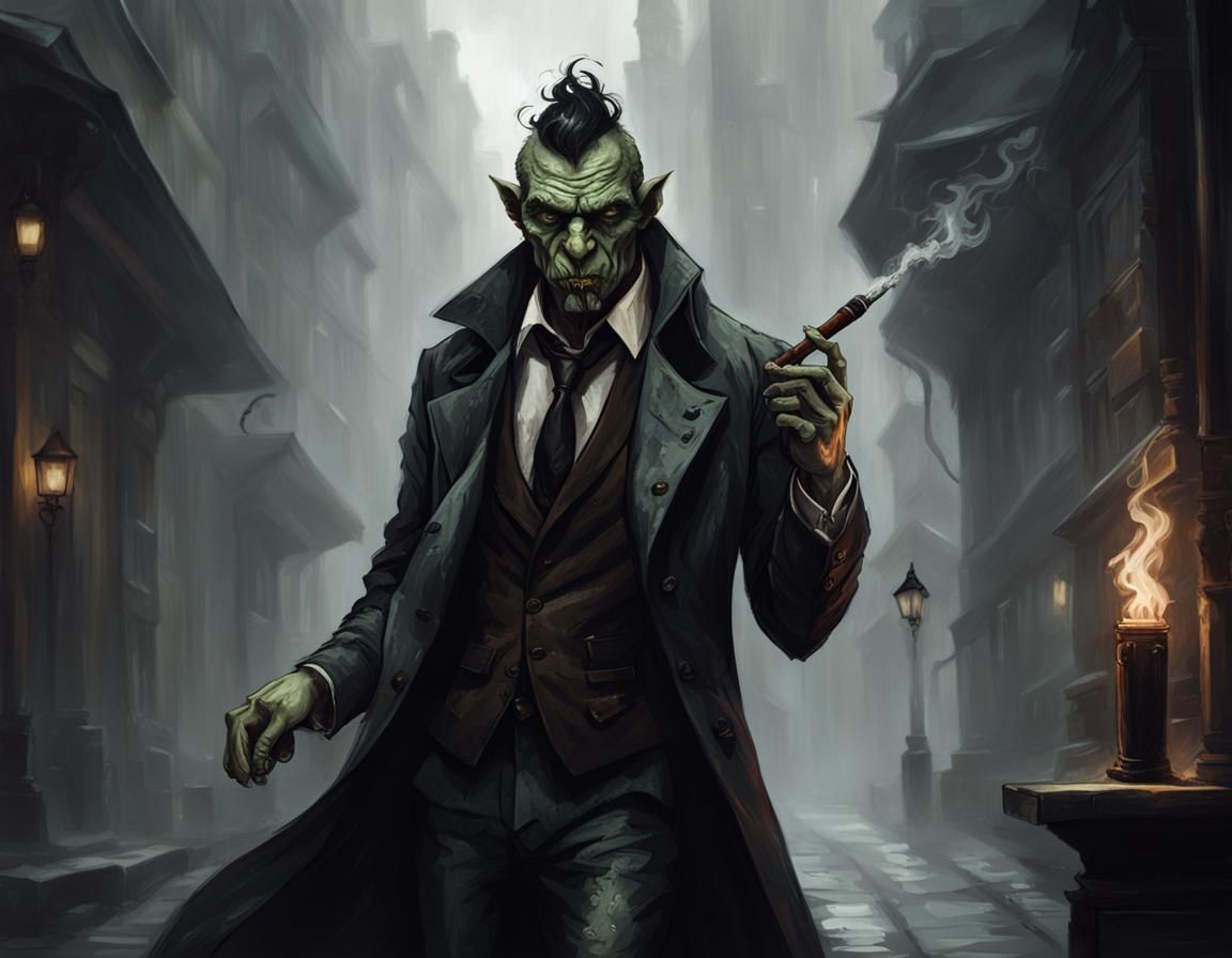 Half-Orc Detective in Dark Fantasy Style