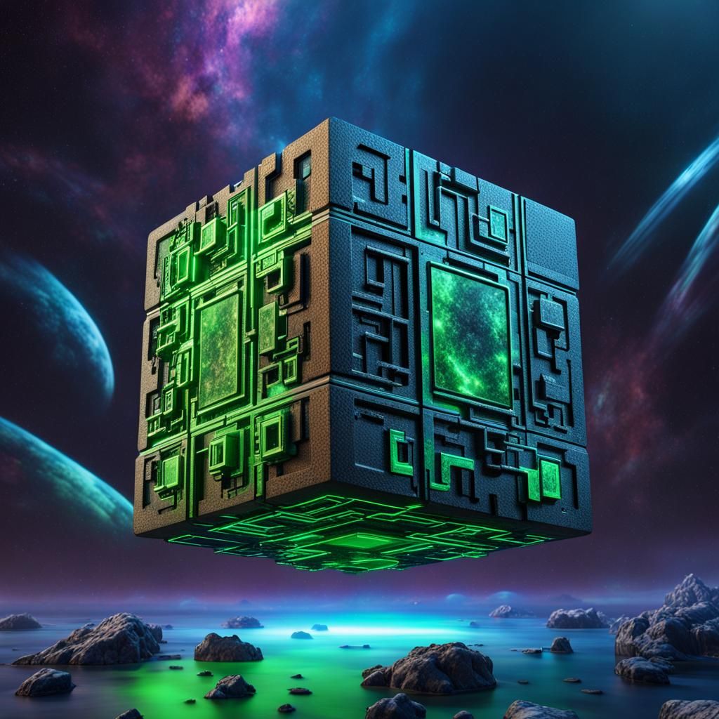 Detailed Borg Cube in Galactic Splash Art Style