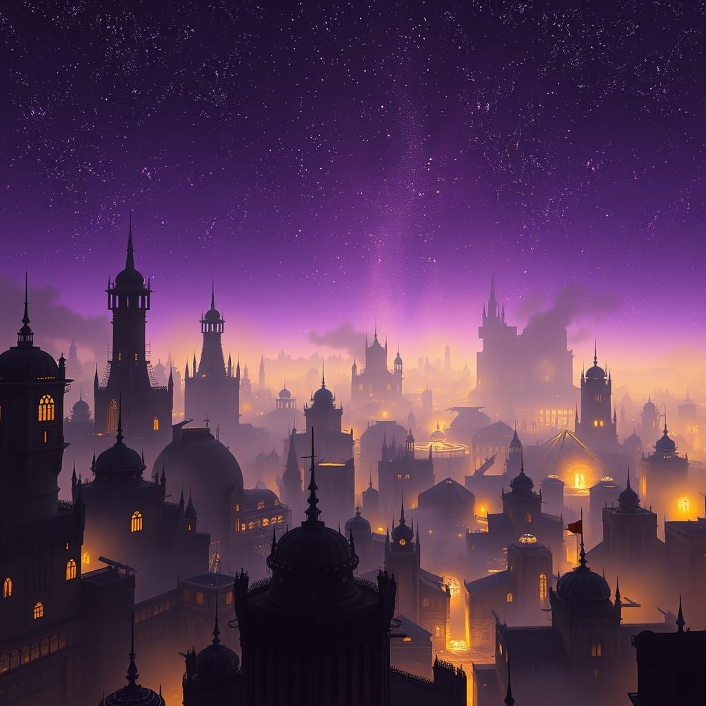 Dark Fantasy City Awakens Under Starry Sky