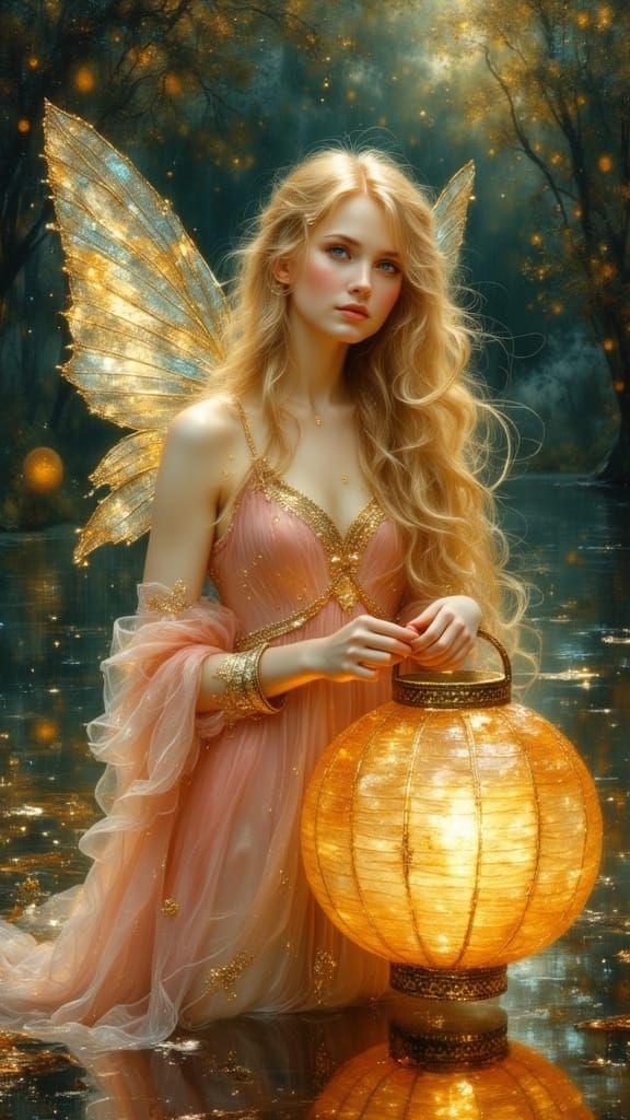 Fairy Woman with Lantern in Pre-Raphaelite Style