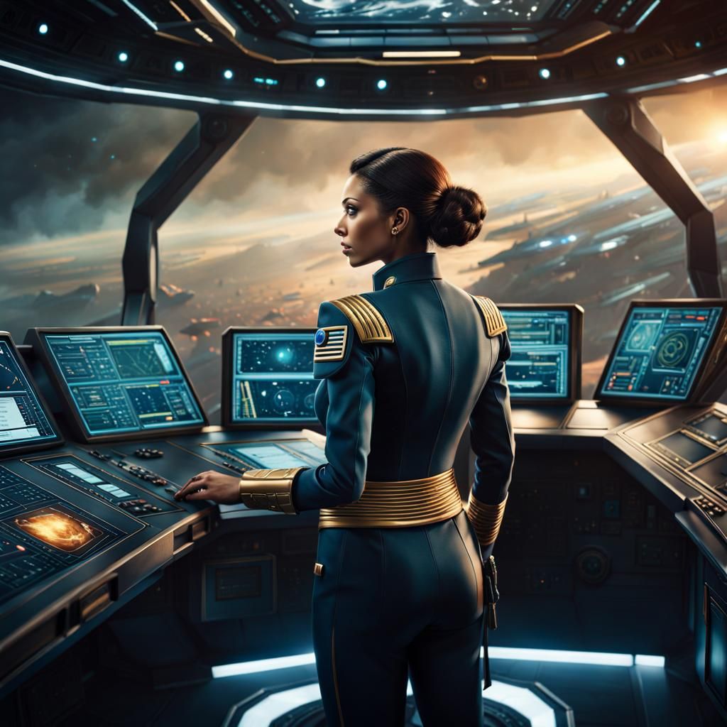 Sci-Fi Female Captain on Warship Bridge