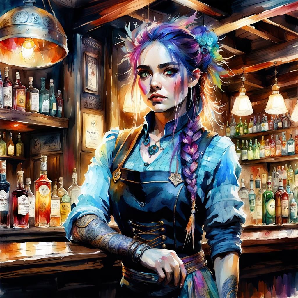 Beautiful Dwarf Bartender in Digital Watercolor