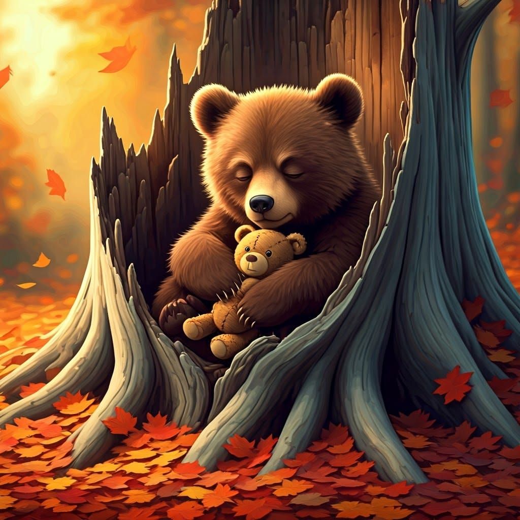 Baby Bear's Autumn Slumber, Impasto Gouache Painting