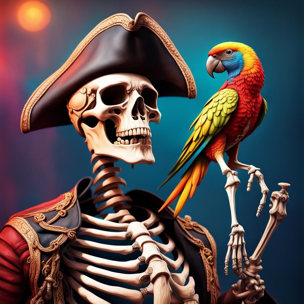 Hyperrealistic Skeleton Pirate with Parrot Concept Art