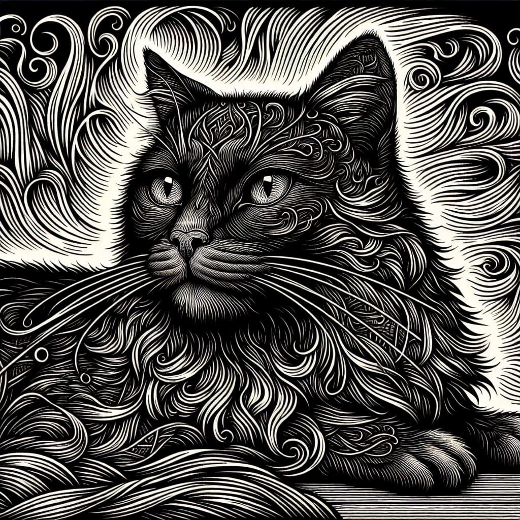 Elegant Black Cat in Vintage Engraving Style