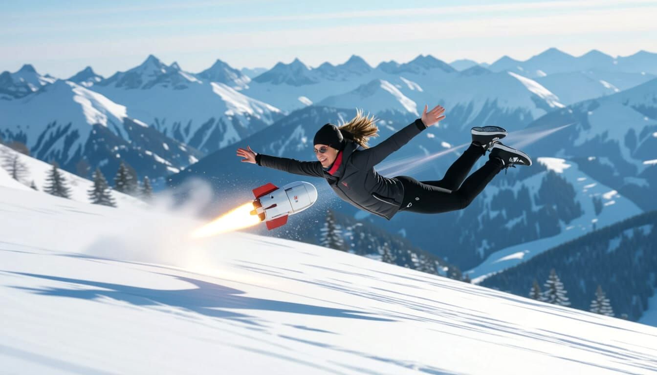 Flying Woman Soars Over Snow-Covered Mountains