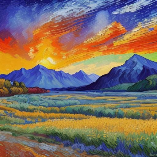 Impressionist Alaskan Sunset Landscape in Impasto Style