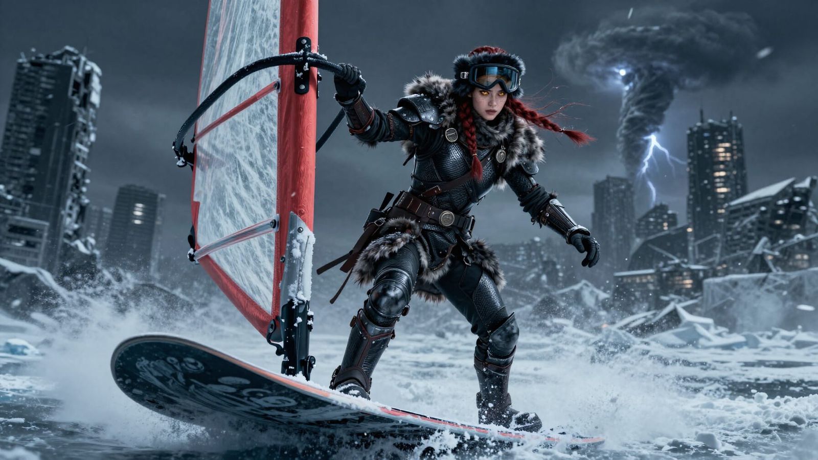 Warrior Surfs Frozen Wasteland in Blizzard Digital Art