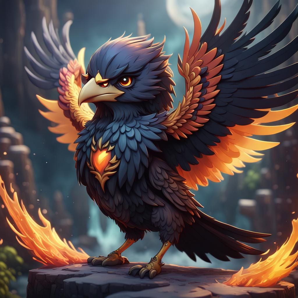 Chibi Phoenix Raven in Detailed Matte Painting