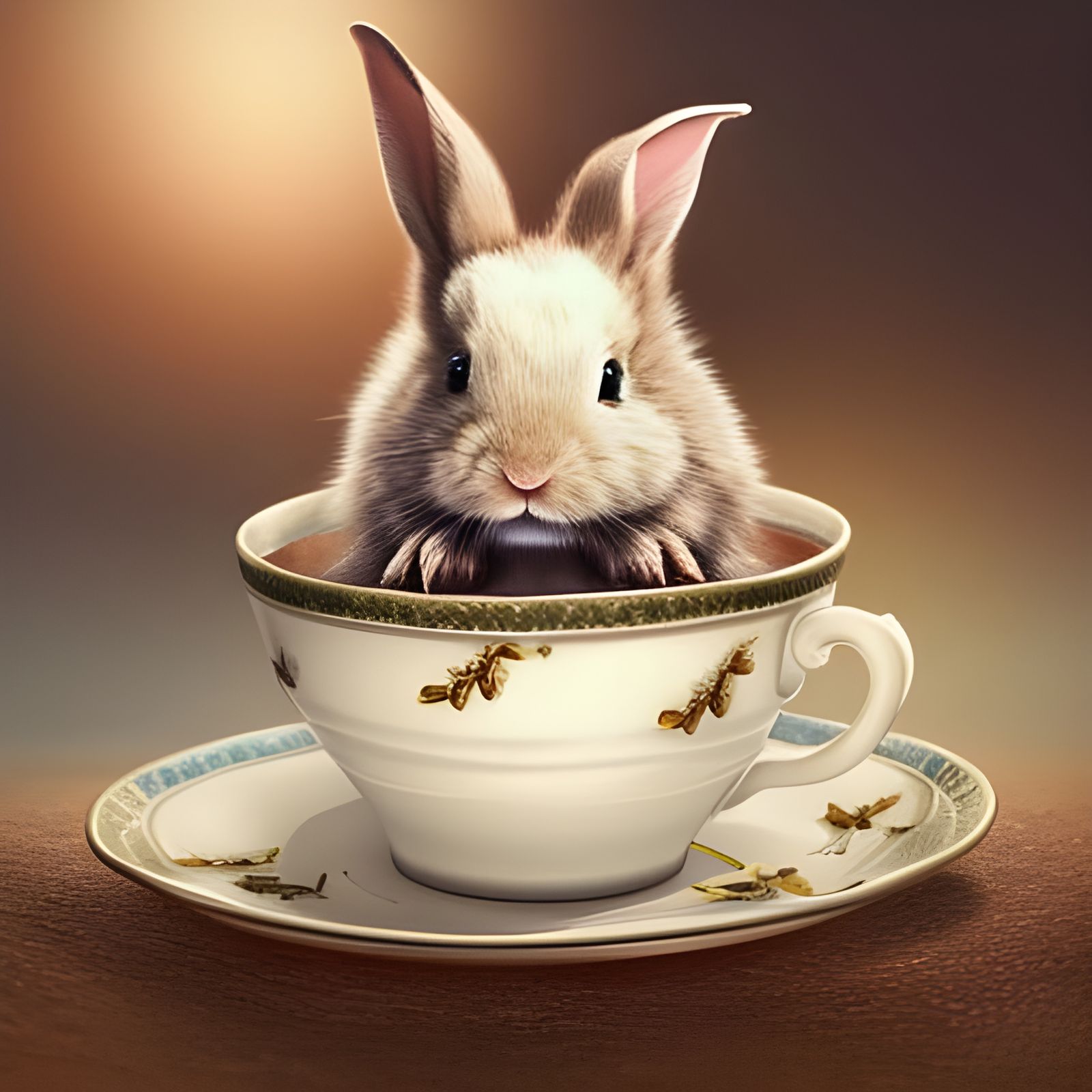 Baby Rabbit in Teacup: Detailed Digital Painting