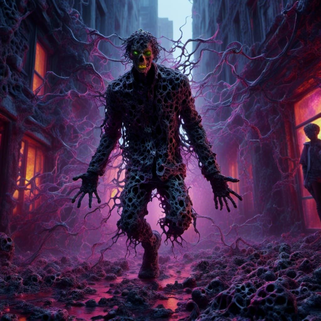 Zombie Chase in a Dark Alley with UV Lighting