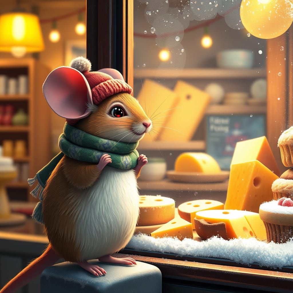 Mouse in Winter Scarf and Hat Stares at Cheese Store Display