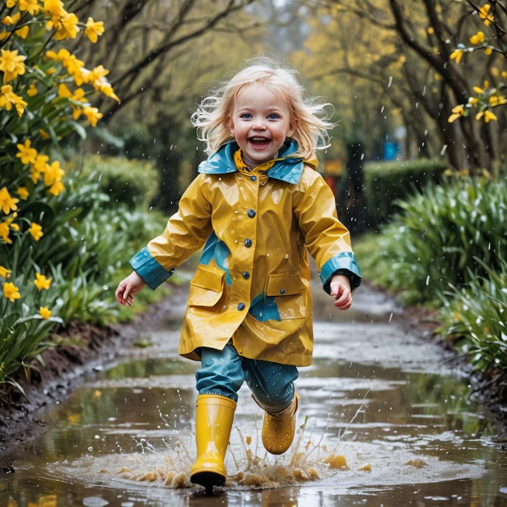 Joyful Baby Girl Splashing in Springtime Puddles