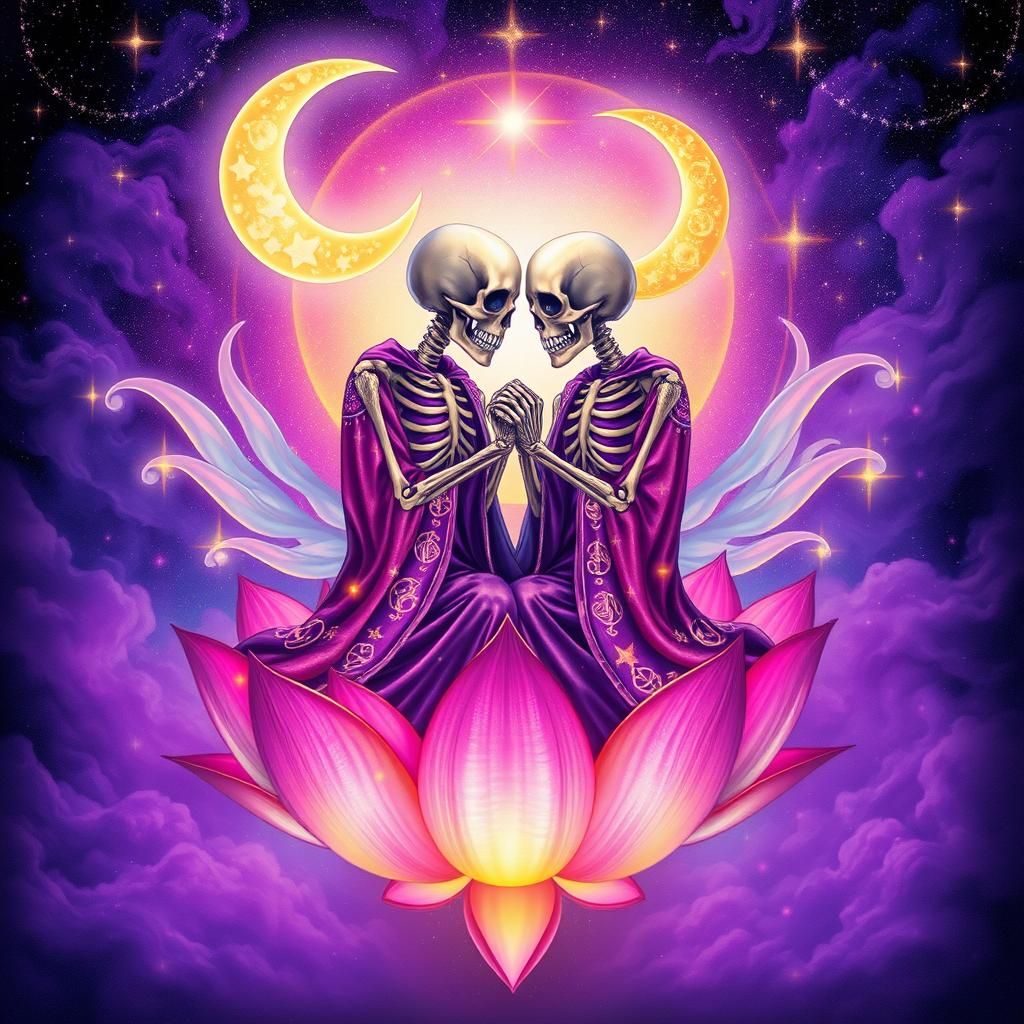 Astral Skeletons in Love Floating on Lotus