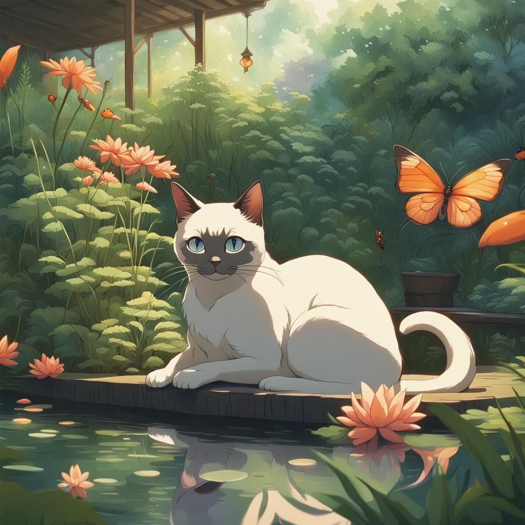 Siamese Cat in Ghibli Garden Scene
