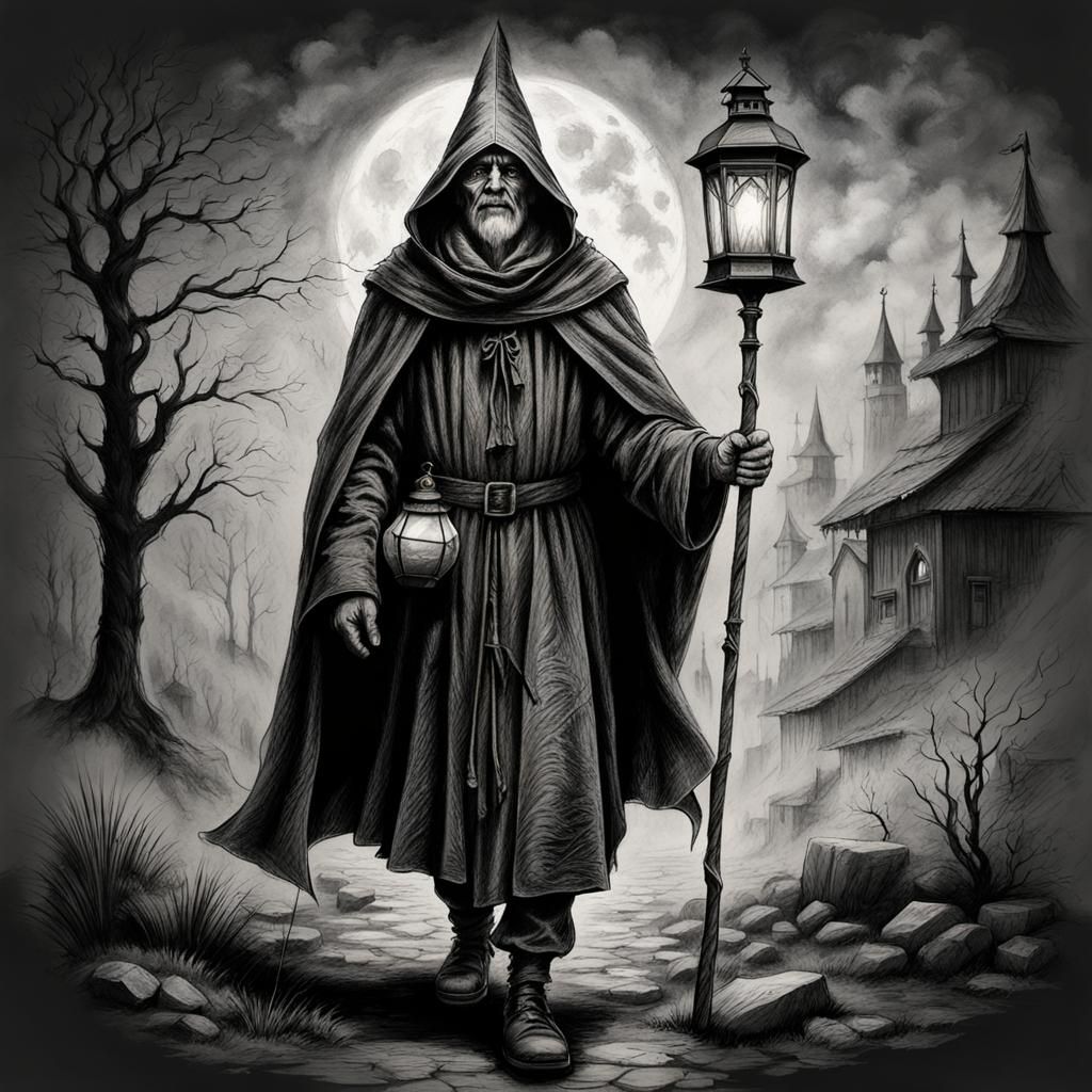 Pilgrim with Lantern in Medieval Charcoal Drawing