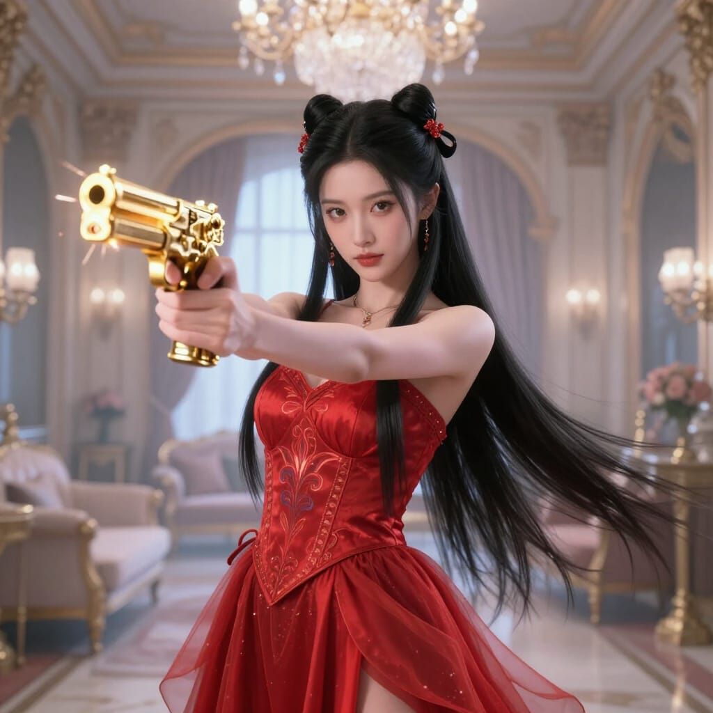 Ethereal Lady in Glowing Red Dress with Golden Gun