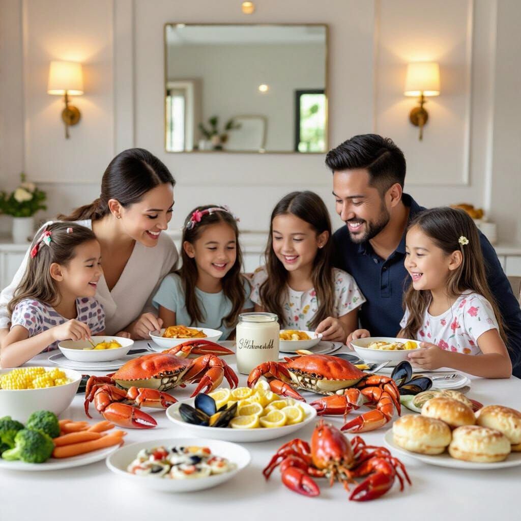 Family Seafood Feast in Minimalist Home Interior