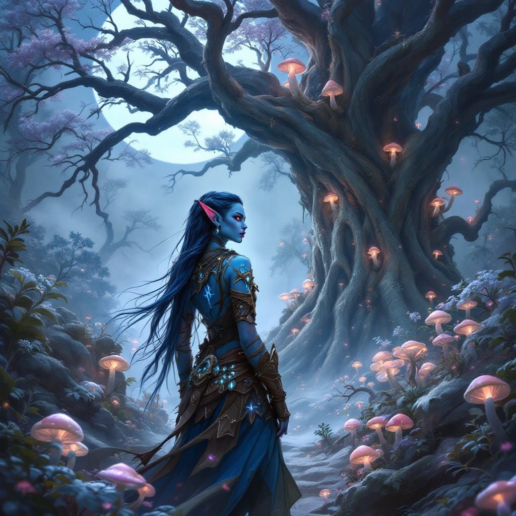Mystical Blue Night Elf Huntress in Moonlit Forest