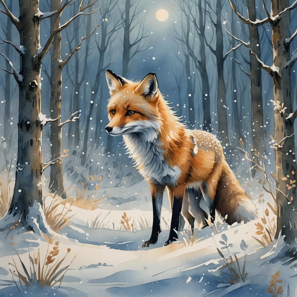 Fox in Winter Wonderland: Whimsical Wildlife Illustration