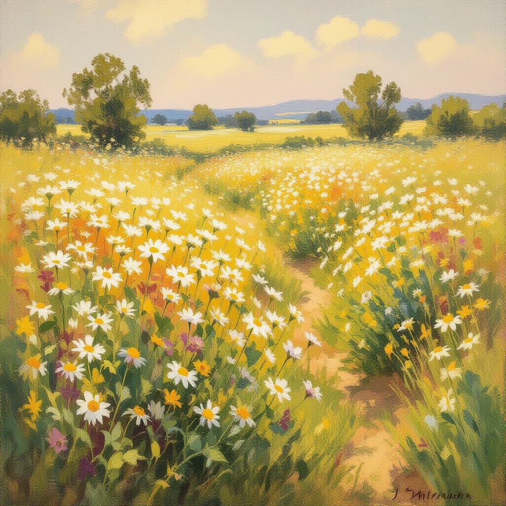 Impressionist Oil Painting of Chamomile Field in Golden Sunl...